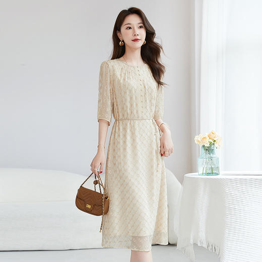 丁摩真丝绣花连衣裙收腰圆领减龄桑蚕丝连衣裙女AL9092 商品图6