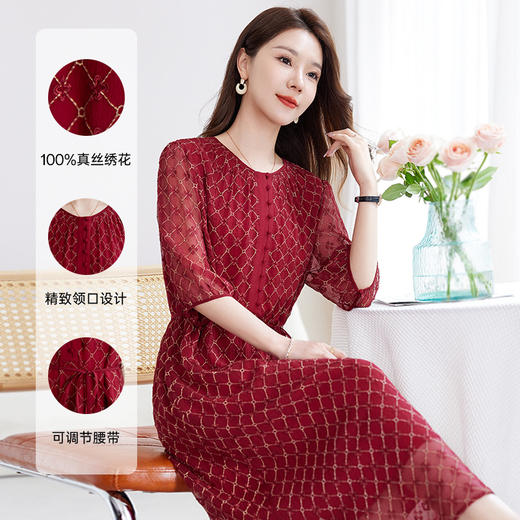 丁摩真丝绣花连衣裙收腰圆领减龄桑蚕丝连衣裙女AL9092 商品图0