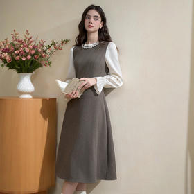 西遇法式名媛钉珠领口高级感通勤连衣裙女秋季假两件A字长裙V2951222
