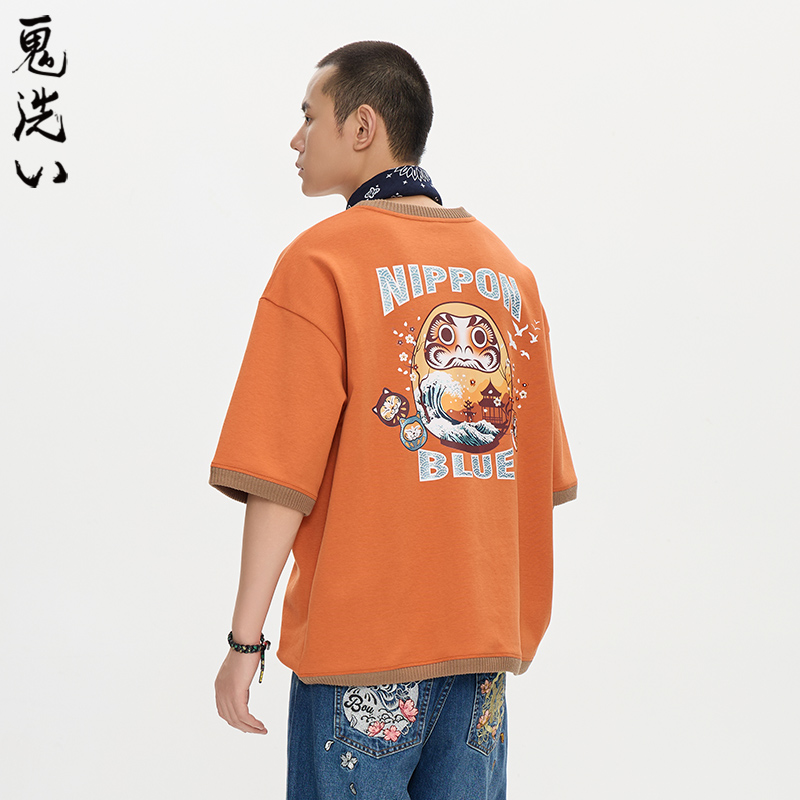 ONIARAI/鬼洗25秋季新品棒系列达摩海浪风景拼毛织短袖T N840279