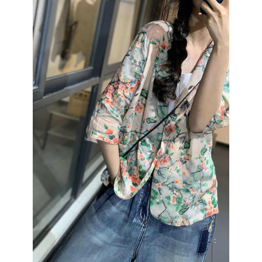 雀说新款宽松显瘦苎麻印花西装领一粒扣小西服外套上衣AL1356 商品图2