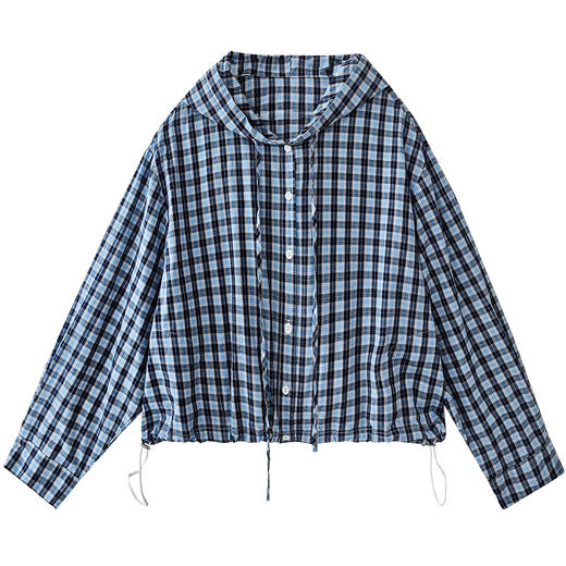 雀说蓝色格子长袖连帽衬衫女装早秋新款通勤韩系宽松小个子衬衣AL57100 商品图4