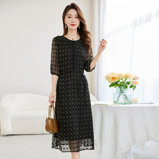 丁摩真丝绣花连衣裙收腰圆领减龄桑蚕丝连衣裙女AL9092 商品图8