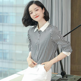 丁摩 真桑蚕丝弹力缎翻领条纹重磅真丝衬衫LWR9093