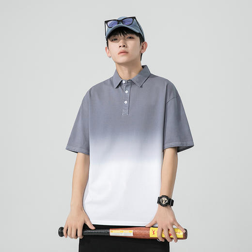 红览 男士短袖polo衫灰色渐变丝光棉翻领t恤81051 商品图0