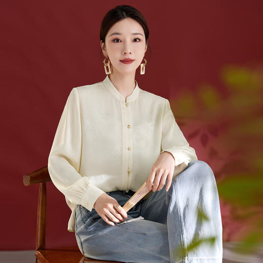 真丝桑蚕丝衬衫，轻奢气质优雅法式长袖立领通勤上衣SM-12501775 商品图1