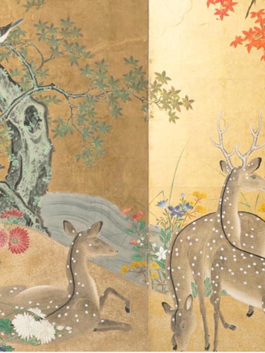 独角鹿西洋古董日本江户时代出品土佐画派风格「枫林鹿群」主题纸本设色金地六曲屏风 商品图7