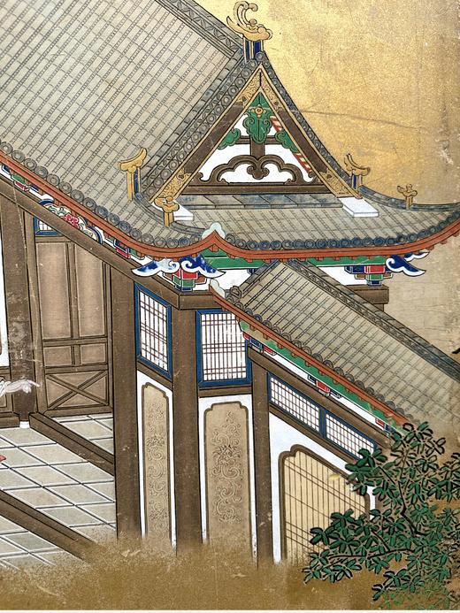 独角鹿西洋古董日本明治时期画师春笑签名出品「东方山水人物」主题纸本设色洒金六曲屏风 商品图3