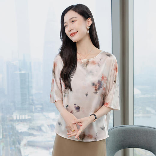 丁摩新款上新时尚扎染印花短袖真丝衬衫圆领套头百搭上衣AL3652 商品图2