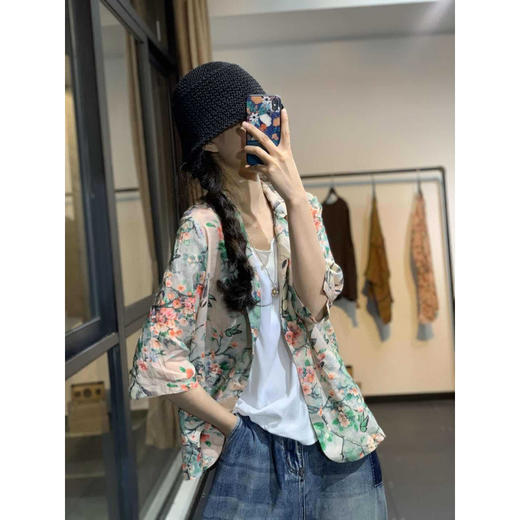 雀说新款宽松显瘦苎麻印花西装领一粒扣小西服外套上衣AL1356 商品图1