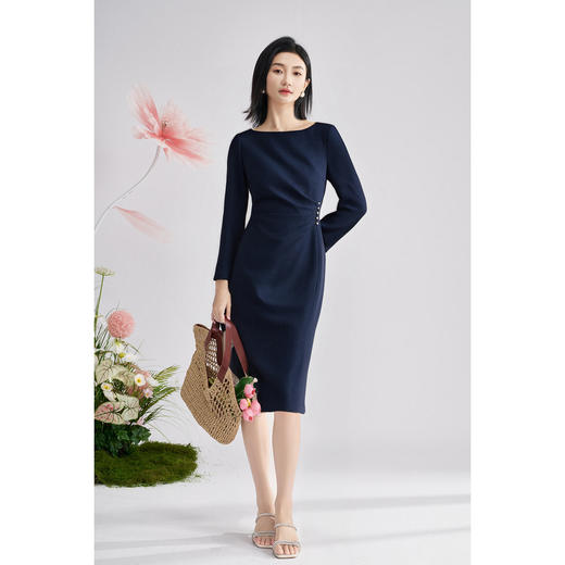 剩S/M/L/XL/XXL 米思阳2026春季新款优雅气质通勤连衣裙纯色修身显瘦中长裙子0105 商品图4