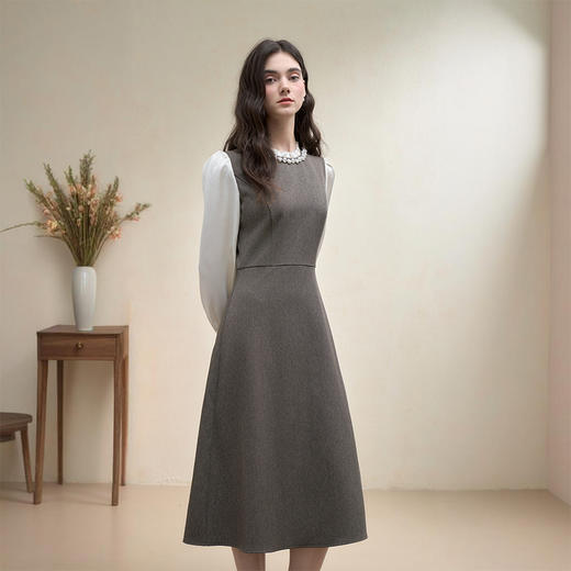 西遇法式名媛钉珠领口高级感通勤连衣裙女秋季假两件A字长裙V2951222 商品图3