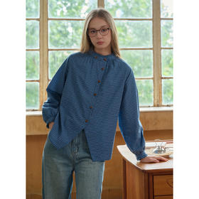 SimpleRetro全棉半高领格纹泡泡袖衬衫女秋