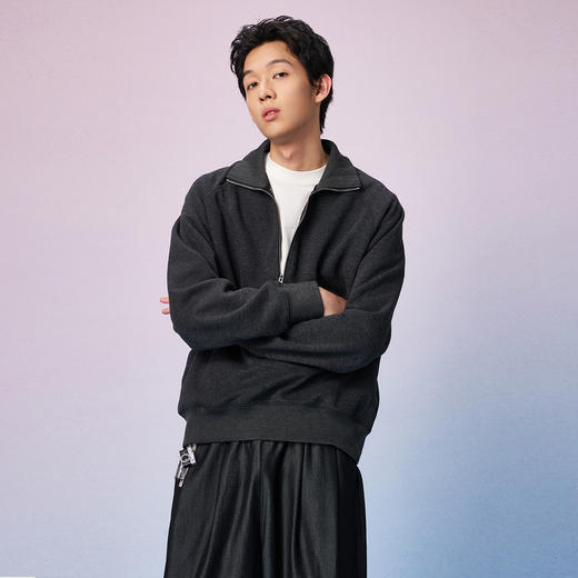 NPC潮牌亚麻混纺半开襟拉链卫衣男立领廓形落肩上新秋季NP57ST16 商品图3