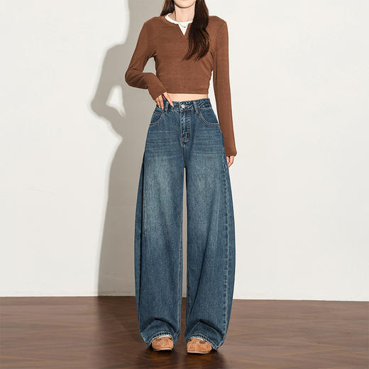 【限时秒杀】西遇复古水洗猫须阔腿牛仔裤女秋季高腰显瘦百搭宽松弯刀裤H0051300 商品图1
