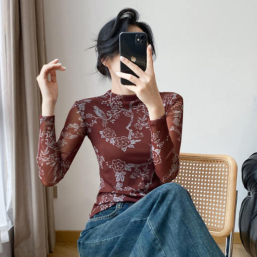 KQLA55F8569女装2025秋冬时尚洋气高弹网长袖印花高领打底衫T恤上衣 商品图2