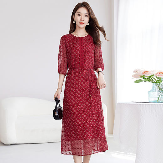 丁摩真丝绣花连衣裙收腰圆领减龄桑蚕丝连衣裙女AL9092 商品图5