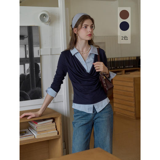 SimpleRetro天丝羊毛法式拼接针织衬衫女 商品图0