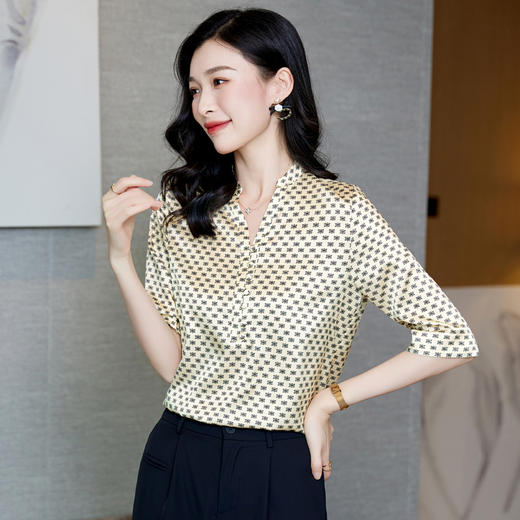 丁摩 真丝中袖衬衫女夏季新款优雅上衣休闲风桑蚕丝衬衫5ZF-3598 商品图2