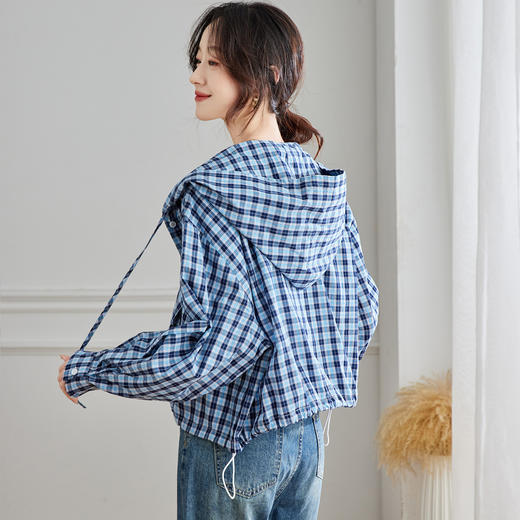 雀说蓝色格子长袖连帽衬衫女装早秋新款通勤韩系宽松小个子衬衣AL57100 商品图3