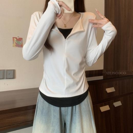 纸片人既视感「假两件撞色拉链Tee」罗纹肌底面料 大弹力满足多种身型 撞色内里层次更丰富 懒人穿搭一秒出门 商品图2