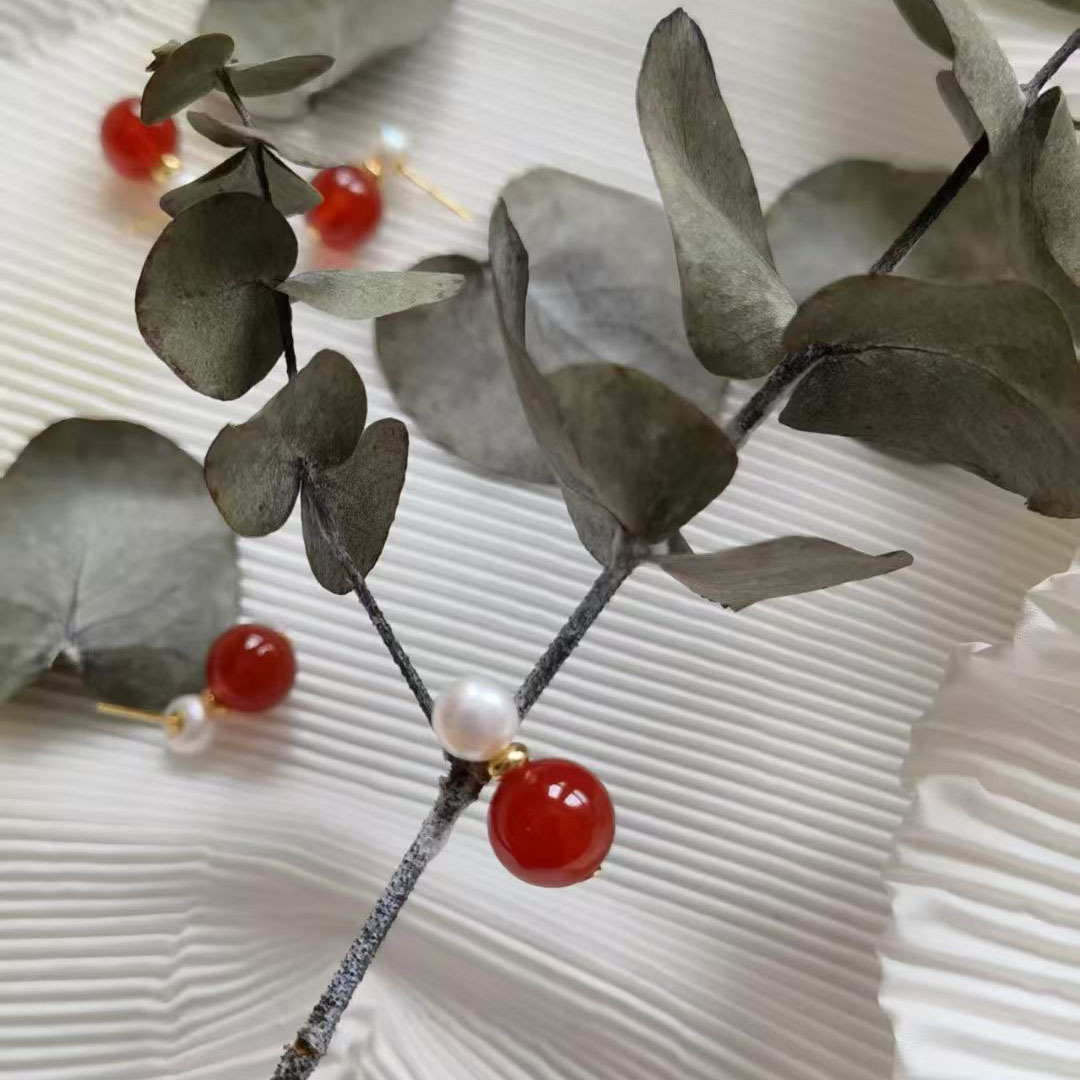 新中式红玛瑙天然淡水珍珠耳钉女S925银针小众轻奢