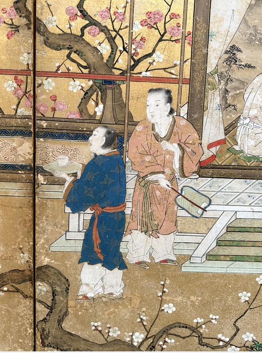 独角鹿西洋古董日本明治时期画师春笑签名出品「东方山水人物」主题纸本设色洒金六曲屏风 商品图5