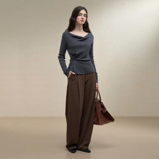 西遇法式荡领气质长袖针织T恤女秋季抽褶收腰显瘦内搭打底衫V2751162 商品图1