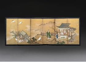 独角鹿西洋古董日本明治时期画师春笑签名出品「东方山水人物」主题纸本设色洒金六曲屏风