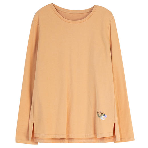 牧衣游原创手工刺绣棉质T恤女秋简约百搭套头圆领长袖上衣 伴星月 商品图4