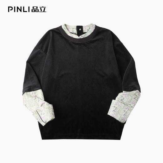 PINLI品立春季新款假两件拼接提花丝绒T恤潮牌肌理长袖男上衣B253111021 商品图3