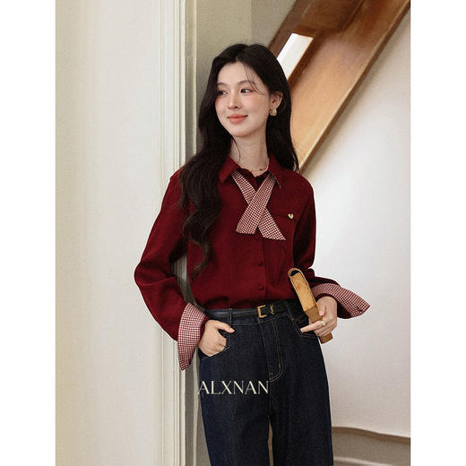 鹿向南「玫红陷阱」复古酒红色polo领衬衫女秋季气质小众长袖上衣 商品图2