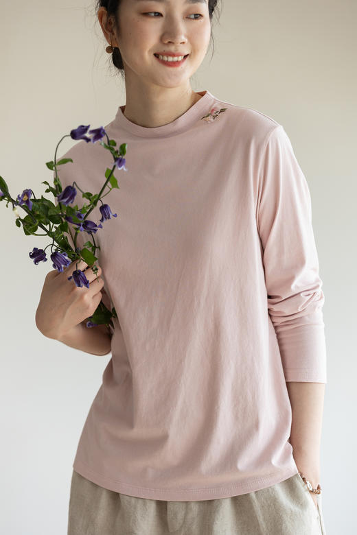 牧衣游原创 手工刺绣32支纯棉T恤舒适柔软亲肤内搭休闲长袖 枳禾 商品图5