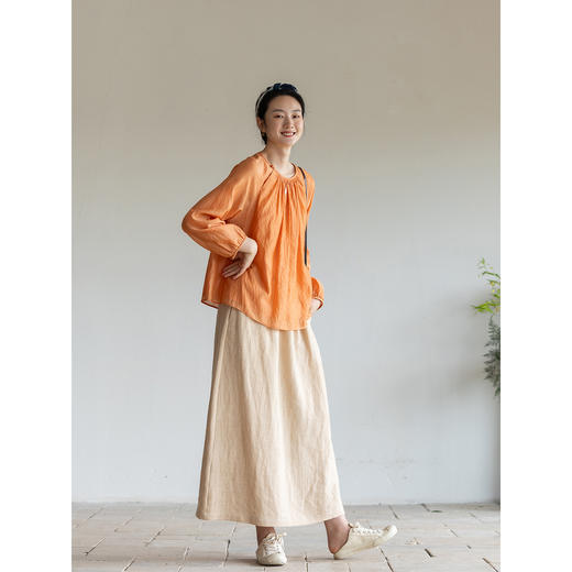 牧衣游原创 炒色棉麻净色半裙松紧腰百搭宽松休闲直筒半身裙 流芳 商品图2