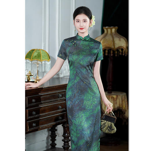 SKY 66961复古国风长款花萝提花短袖旗袍改良中式 商品图3