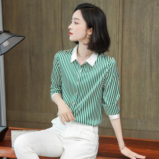 丁摩 真桑蚕丝弹力缎翻领条纹重磅真丝衬衫LWR9093 商品图1