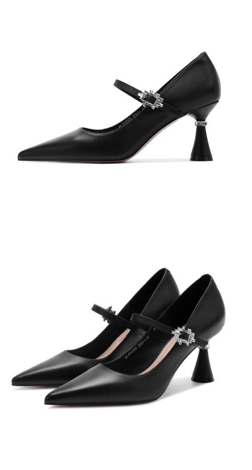 诺贝达浅口单鞋尖头一字带气质婚礼晚宴百搭法式高跟鞋 商品图2