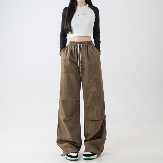 美式工装裤女春秋新款高腰阔腿小个子抽绳宽松束脚登山运动裤 商品图2