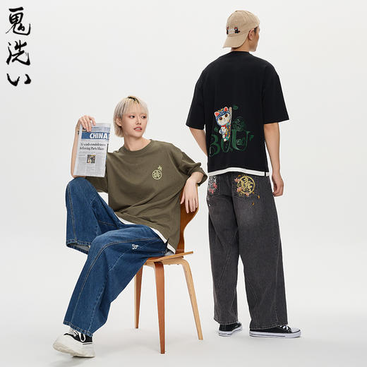 ONIARAI/鬼洗25秋新棒系列滑板招财猫假两件烧花短T男女 N840278 商品图1