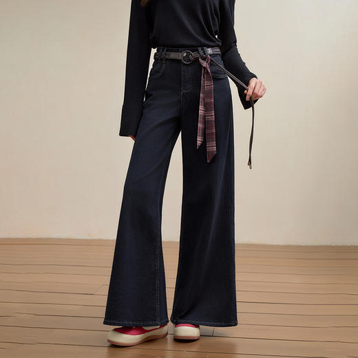 【限时秒杀】西遇宽松阔腿牛仔裤女秋季新款复古黑色水洗高腰显瘦长裤Y0051266/H0055247 商品图0