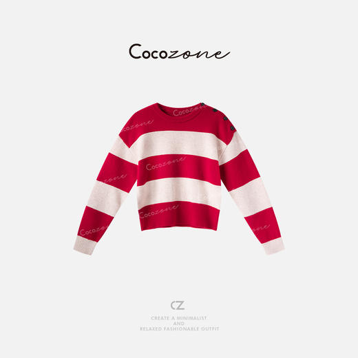 COCO ZONE 刘一一“红条拼接”100绵羊毛简约风毛织上衣CD1A1168 商品图0
