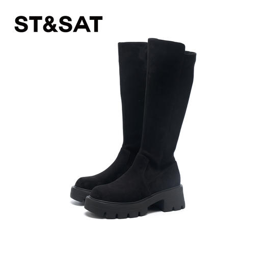 星期六黑色绒面百搭厚底过膝长靴SSD4117140 商品图7