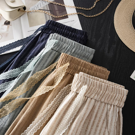 丁摩 杏色条纹阔腿裤女夏季薄款休闲裤高腰宽松显瘦亚麻直筒裤5ZF-8251 商品图4