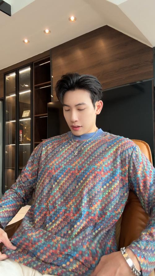 T4592SDSA男士长袖t恤2025新款轻奢痞帅男装简约撞色斜纹圆领长袖T恤 商品图0