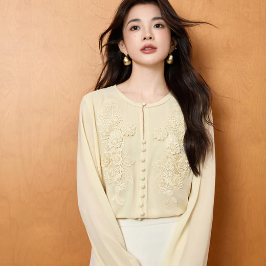 「自」全新升级【铂金会员201/天猫269/差价68】(51116)洛诗琳法式圆领钉珠雪纺衫2025秋季洋气优雅通勤雪纺衬衫女 商品图2