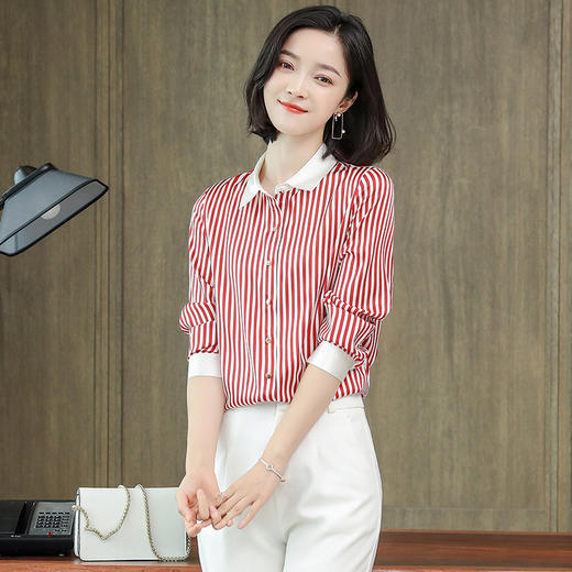 丁摩 真桑蚕丝弹力缎翻领条纹重磅真丝衬衫LWR9093 商品图2