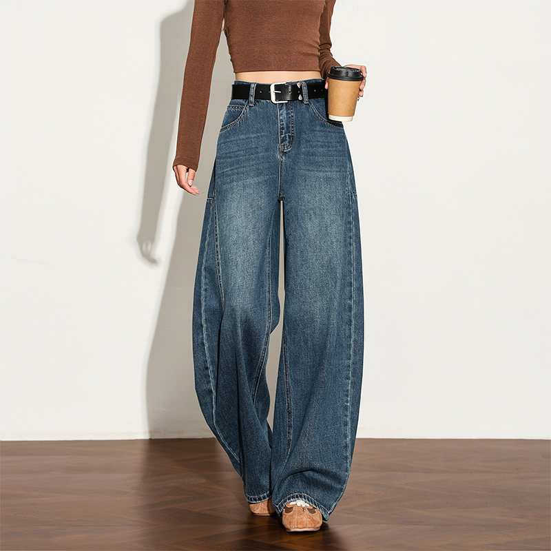 【限时秒杀】西遇复古水洗猫须阔腿牛仔裤女秋季高腰显瘦百搭宽松弯刀裤H0051300