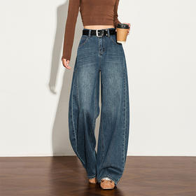【限时秒杀】西遇复古水洗猫须阔腿牛仔裤女秋季高腰显瘦百搭宽松弯刀裤H0051300