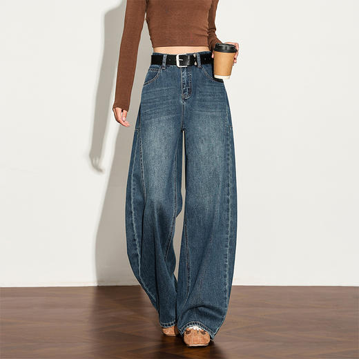 【限时秒杀】西遇复古水洗猫须阔腿牛仔裤女秋季高腰显瘦百搭宽松弯刀裤H0051300 商品图0