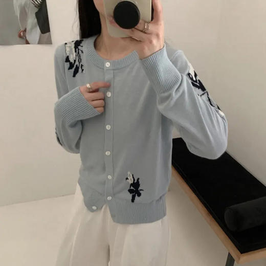 初秋新品减龄风彩色花朵图案撞色长袖针织衫  YX-11368239 商品图0